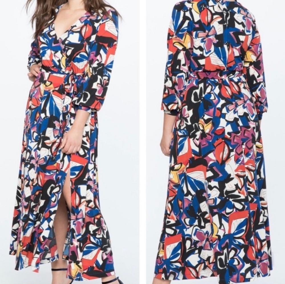 Eloquii Women's Floral Wrap Dress in Havana Floral Size 20 Multi-Color Long Slv